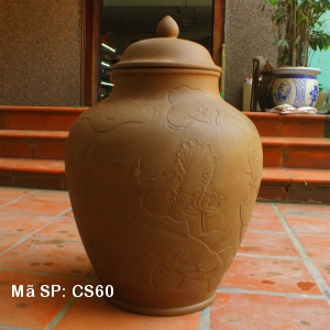 Chum sành 60 lít khắc nổi Hoa sen cá chép